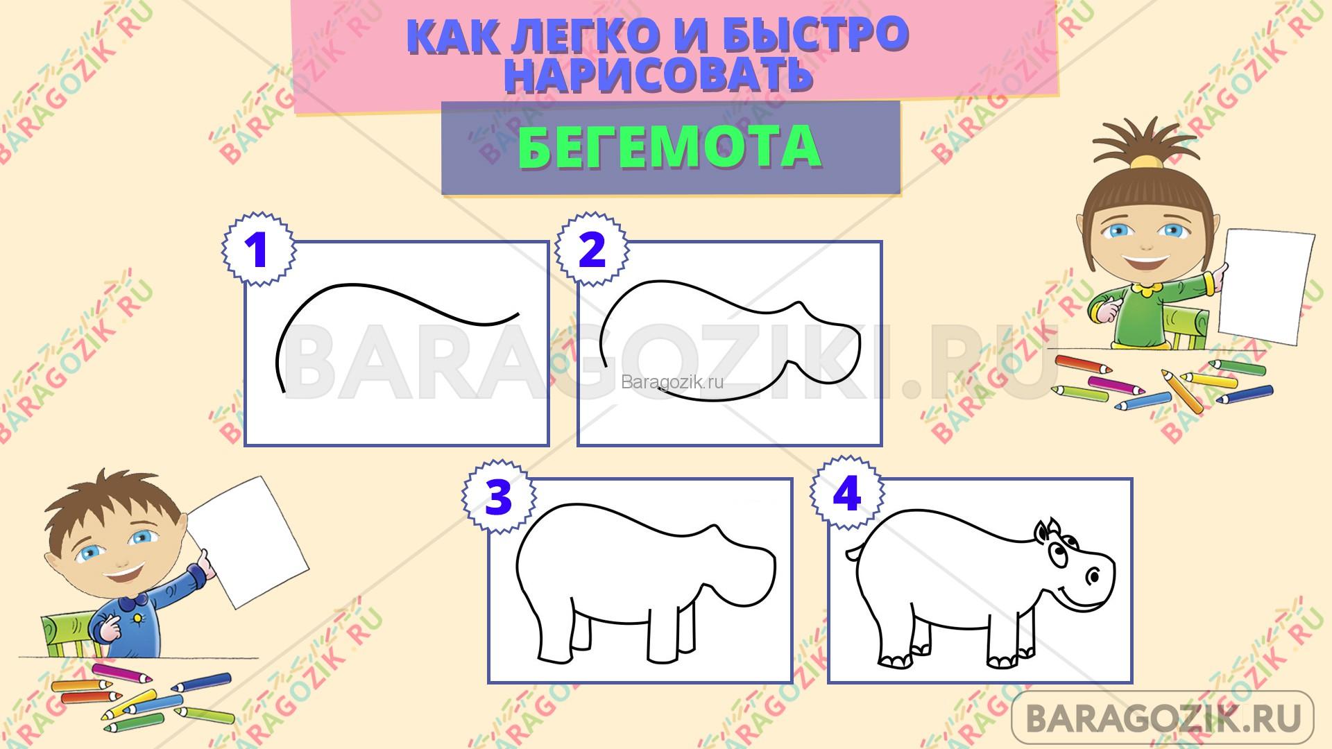 как легко нарисовать бегемота - пошаговая схема