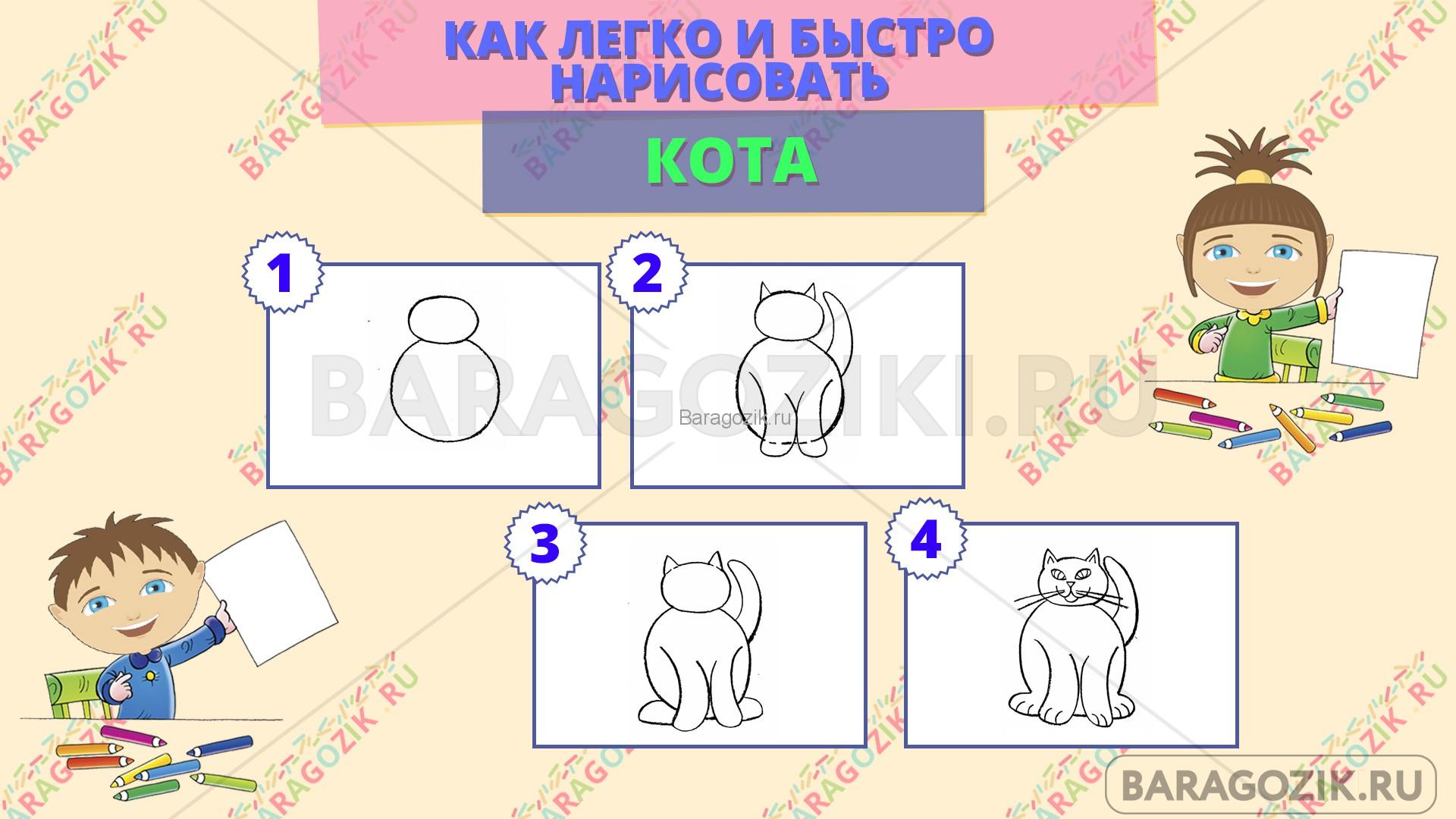 как легко нарисовать кота - пошаговая схема