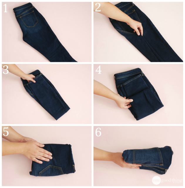 как сложить одежду: джинсы