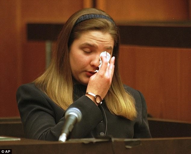 Woodward, pictured aged 19, wipes her eyes as she gives evidence at her trial in Massachusetts in October 1997. She was initially jailed for second-degree murder but her conviction was swiftly reduced to involuntary manslaughter